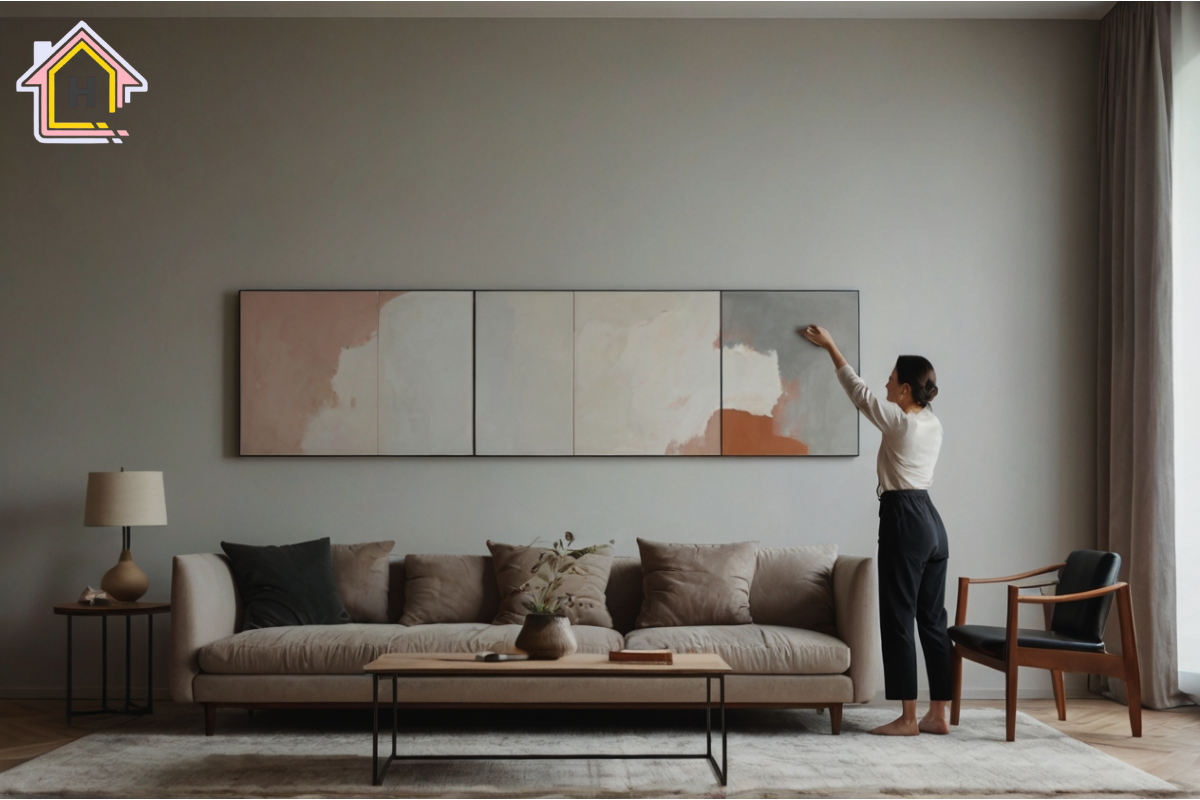 Điều chỉnh tranh treo tường đúng tầm mắt trong phòng khách - cách bố trí tranh treo tường phòng khách