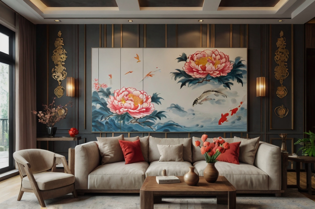 Tranh cá chép, mẫu đơn, tùng hạc - tranh treo tường phòng khách phong thủy